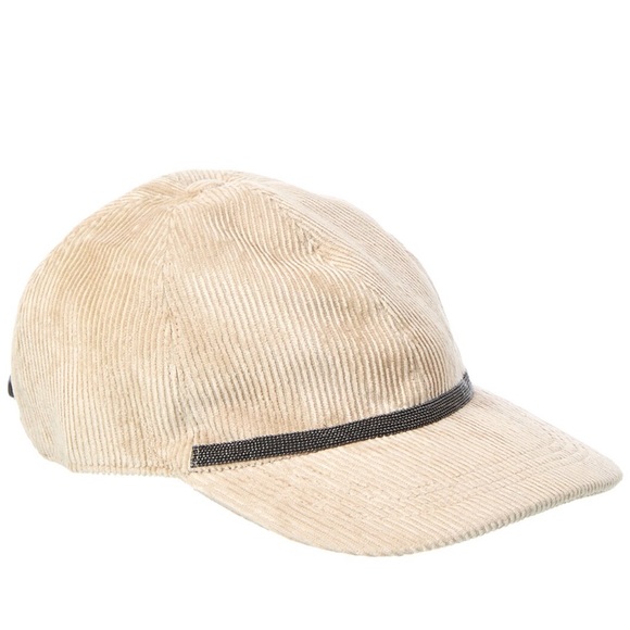 Brunello Cucinelli Beige Corduroy Cap with Black Stripe